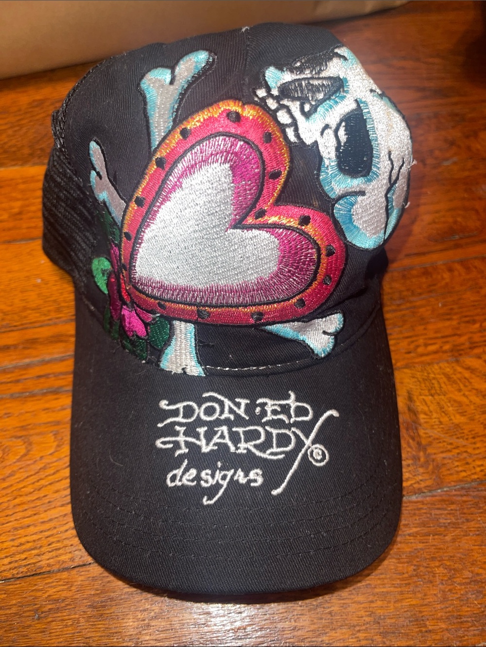Ed Hardy Black Cap with Pink Heart & Silver Skull Embroidery
